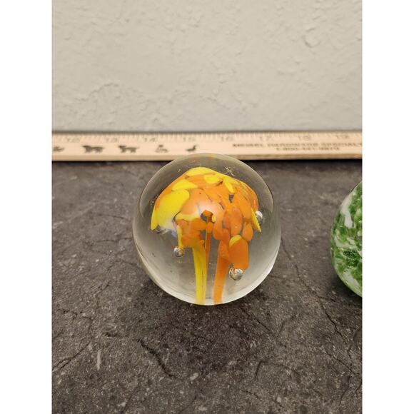 2 Hand‎ Blown Round Glass Paperweight with Yellow Orange Flowers Green Egg - Picture 2 of 13